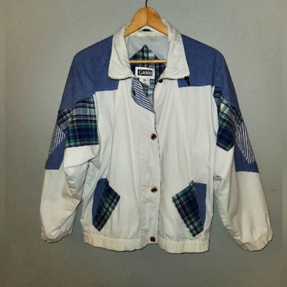 Vintage 80s Patchwork Plaid White Jacket - image 1